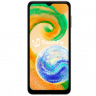 Samsung Galaxy A04s smartphone met abstracte kleurrijke achtergrond en TouchFix logo