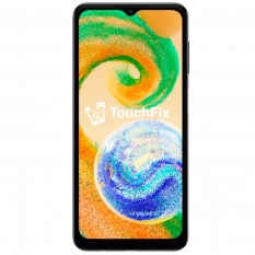 Samsung Galaxy A04s smartphone met abstracte kleurrijke achtergrond en TouchFix logo