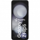 Samsung Galaxy Z Flip 5 smartphone met TouchFix logo en abstracte achtergrond