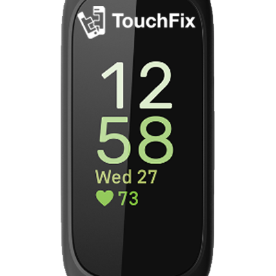 Fitbit Inspire 3 met zwart bandje en TouchFix logo
