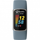 Fitbit Charge 5 met blauw bandje en TouchFix logo