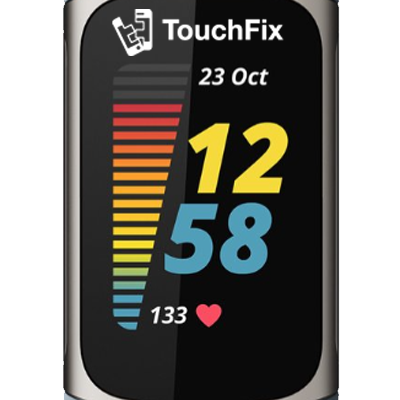 Fitbit Charge 5 met blauw bandje en TouchFix logo