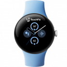 Google Pixel Watch met blauw bandje en TouchFix logo