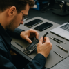 Technicus voert zakelijke telefoon reparatie uit aan geopende smartphone op werkstation