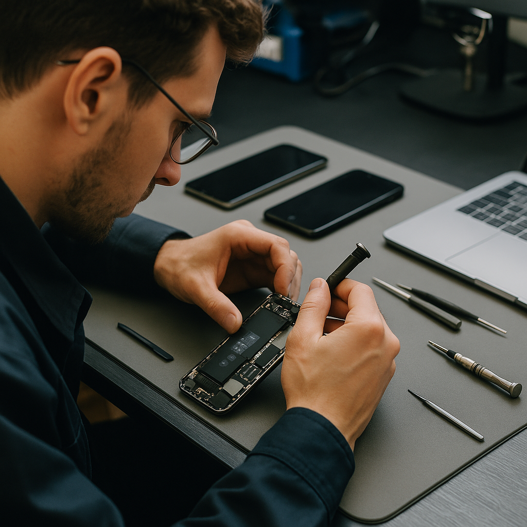 Technicus voert zakelijke telefoon reparatie uit aan geopende smartphone op werkstation