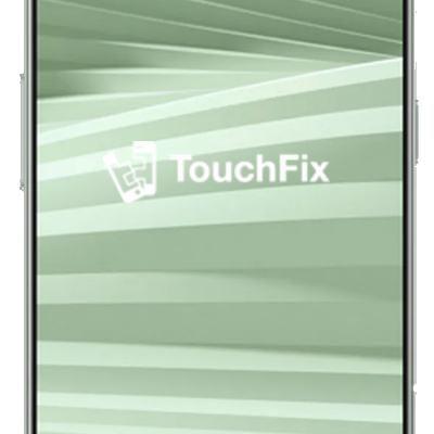 Realme GT smartphone met abstracte groene achtergrond en TouchFix logo