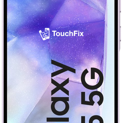 Samsung Galaxy A55 5G smartphone met paarse kristallen achtergrond - TouchFix reparatieservice voor Samsung smartphones