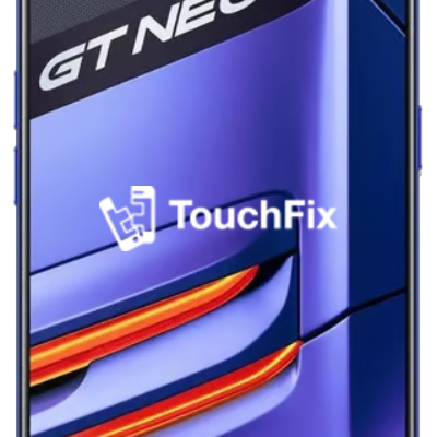 Realme GT Neo 3 smartphone met blauwe sportieve achtergrond en TouchFix logo