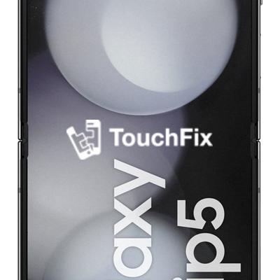 Samsung Galaxy Z Flip 5 smartphone met TouchFix logo en abstracte achtergrond