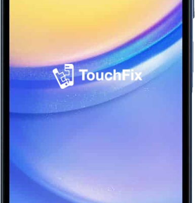 Samsung Galaxy A15 smartphone met kleurrijke achtergrond en TouchFix logo