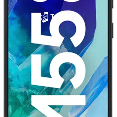 Samsung Galaxy M55 5G smartphone met blauw-groene kristallen achtergrond - TouchFix reparatieservice voor Samsung toestellen